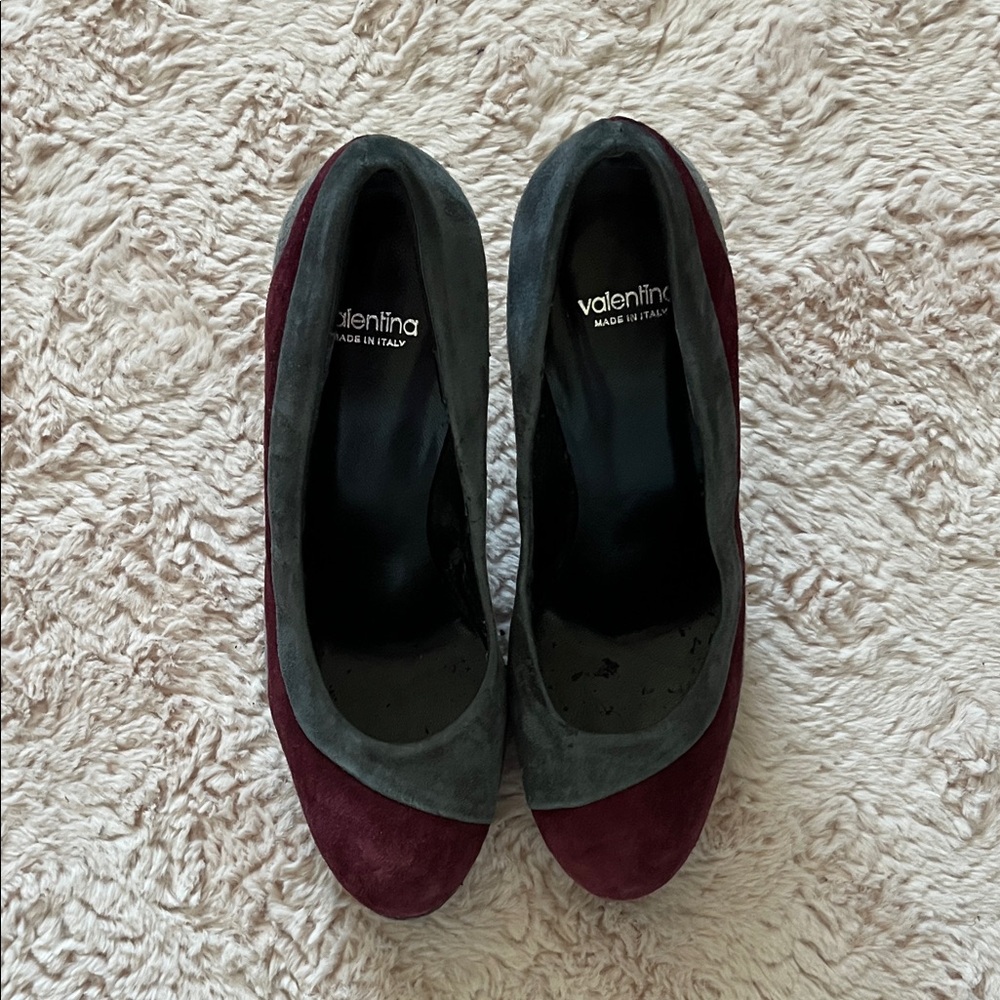 Valentina Burgundy and Gray Suede Heels